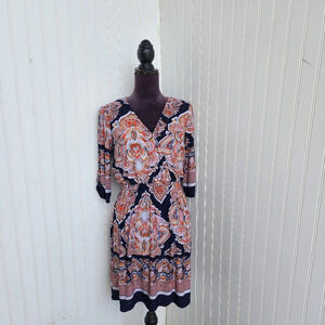 EN FOCUS STUDIo Red Navy Boho Print 3/4 Print Smocked Waist Dress Stretch 12P